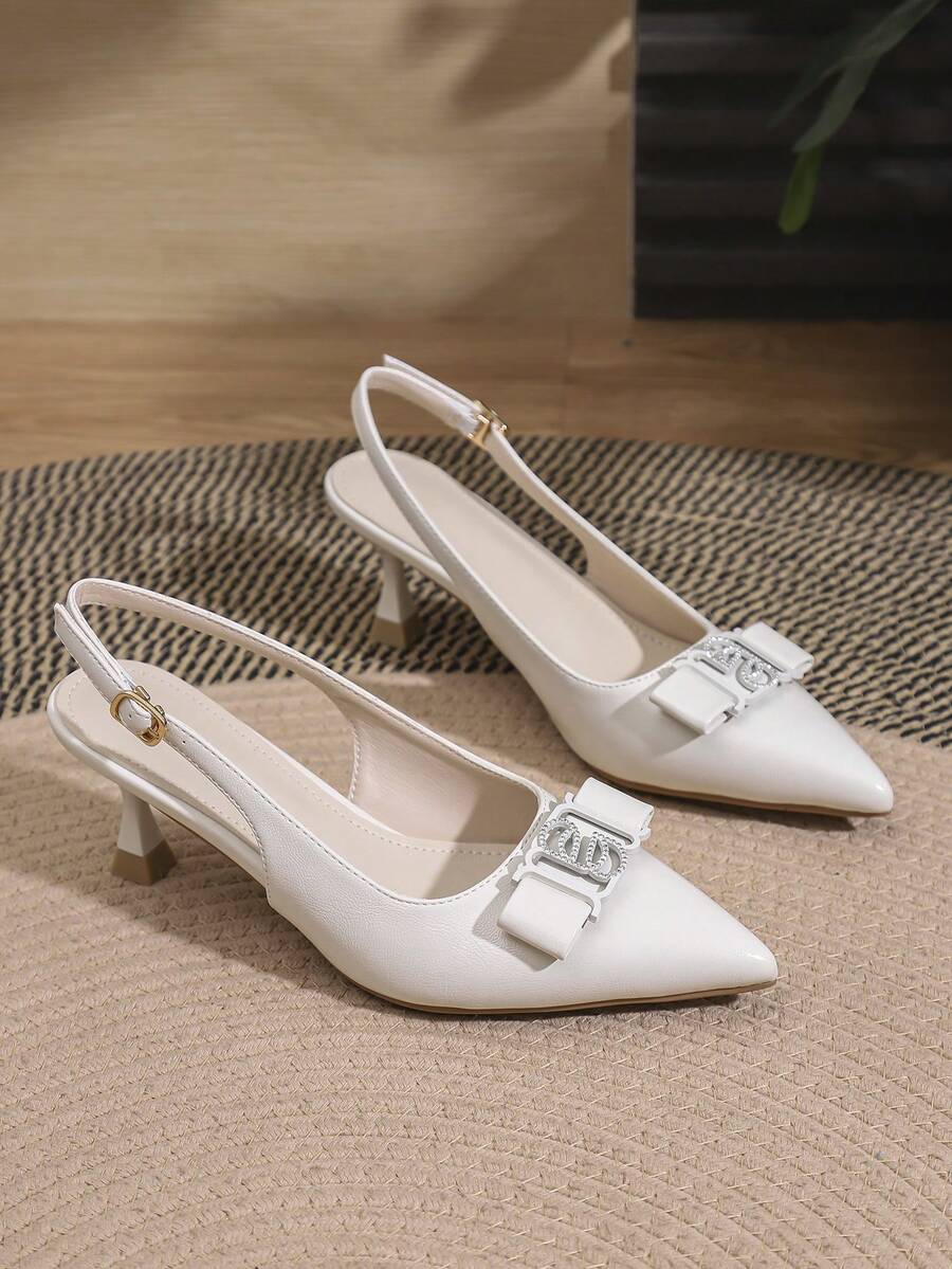Women's Pointed Toe Backless Sandals, Multi-Color Versatile Small Buckle Elegant High Heels, Suitable For Dates, Parties, Weddings, And Commuting, Spring/Summer - White - View 1