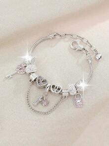 1pc Multifunctional Bracelet With Key Lock And Heart-Shaped Diamond Pendant, Fashionable European And American Style, Suitable For Teenagers To Gift To Friends