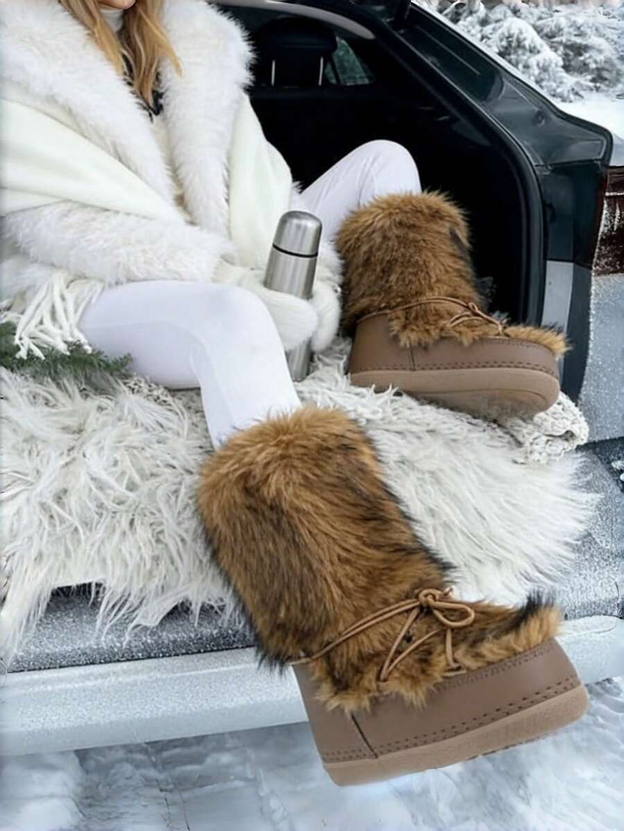 Women's Faux Fur Boots Fuzzy Fluffy Furry Snow Boots Round Toe With Lace-Up Design Cute Warm Suitable For Christmas Halloween And Winter - Nâu a - Xem 1