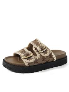 新款时尚金属扣装饰坡跟凉鞋，舒适防滑，百搭易清洁，适合海滩和日常穿着 - 杏色 - 查看 7