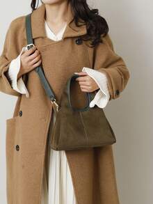 Borsa da donna alla moda, borsa a secchiello, elegante e minimalista, di grande capacità, colore verde oliva, con tracolla - Verde Scuro - Visualizzare 4