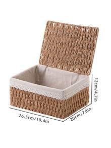 Lidded Woven Storage Basket | Multifunctional Storage Box For Cosmetics, Keys, Snacks & Small Items | Essential For Dorm Rooms, Also Suitable As Elegant Wedding Gift Decor Box | Fashionable Space-Saving Desktop Storage Box For Living Room, Hallway, Office & Bedroom - Apricot - View 9