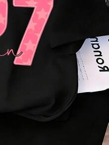 少女数字印花休闲宽松圆领短袖T恤 - 黑色 - 查看 5