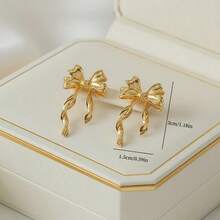 1 Pair Of Fashionable Commuting 3D Golden Bow Earrings, Suitable For Women's Daily Wear, Women's Valentine's Day Gift - 金色 - 查看 5