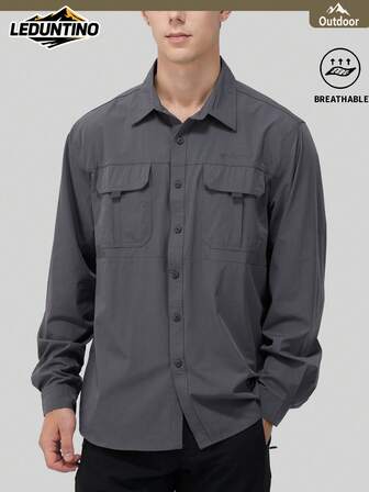 LEDUNTINO [Spring/Summer] Men's Fashion Cargo Button Shirt, Solid Color, Multi-Pocket Design, Detachable Sleeves, Utility Style, Fashionable And Versatile, Perfect For Outdoor Activities And Commuting, Ideal Gift For Boyfriend Or Husband