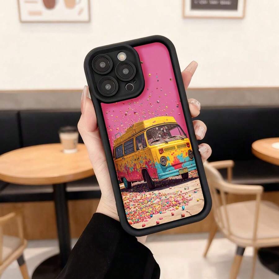 Funda para teléfono con borde negro y diseño de camioneta colorida con confeti rosa para uso diario en cafeterías y salas de estar,Aplicable a los teléfonos de la serie Apple y Galaxy - Café integral - Ver 1