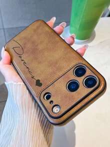 Personalized Engraved Name Advanced Wrinkled Pattern Faux Leather Phone Case Compatible With IPhone 17 Pro Max 17 Pro 17 16 15 14 13 12 Pro Max 16 15 14 Plus Lens Protection Back Cover - Brown - View 4