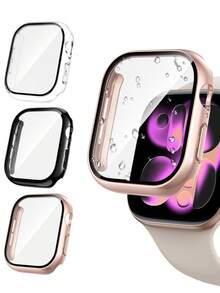 3 Packs 3 IN 1 Tempered Glass Film Hard PC Bumper Case Compatible With Apple Watch Series 11 10 9 8 7 6 5 4, 40mm/41mm/42mm/44mm/45mm/46mm/49mm Compatible With IWatch Screen Protector Protector Case Face Cover, For Women Men, Ultra-Thin Guard,Clear/Black/Rose Gold
