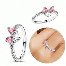 新款925银戒指，镶嵌闪亮粉色立方氧化锆蝴蝶结，正品S925银结婚戒指，精致珠宝礼品，女士之选。 - 淺粉色 - 查看 6