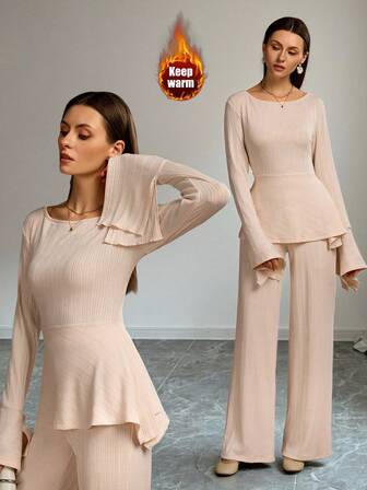 New Elegant Women's Autumn & Winter Two Pieces Suit – Textured Wool-Like Knit, Solid Color, Flared Cuff & Hem, Suitable For Daily Leisure, Shopping & Elegant Gatherings