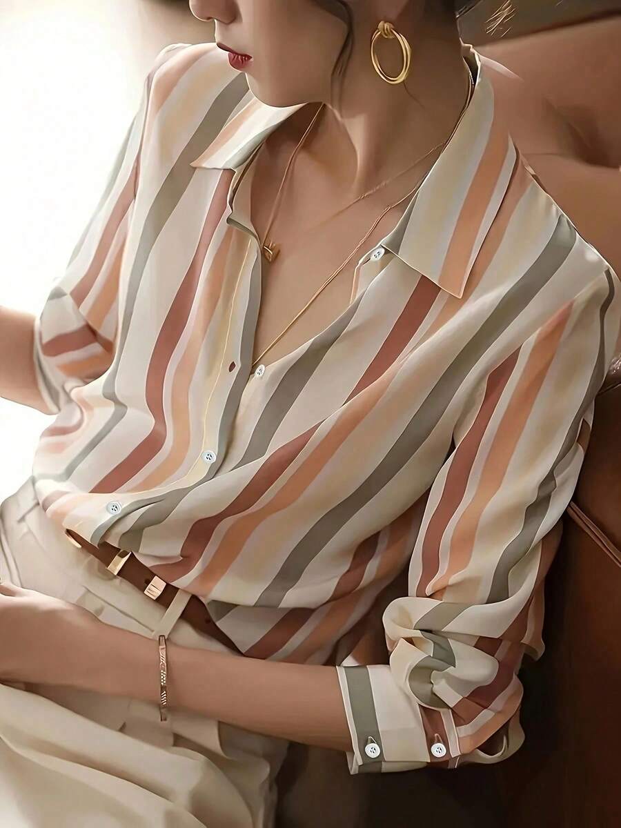 Women's Vertical Striped Button-Up Shirt, Long Sleeve Casual Collared Blouse - Caramel Color - View 1