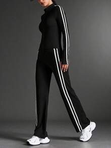 2 pièces Ensemble de yoga grande taille pour femmes, veste zippée à manches longues et pantalon droit taille haute, tenue de fitness, survêtement de course, ensemble de yoga et de gym à rayures noires pour Noël, Nouvel An et la Saint-Valentin Printemps - Noir - Voir 7