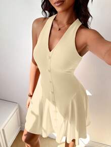 Ladies' Solid Color Waist Slimming A-Line Pleated Mini Dress, Made Of High Elasticity Fabric, Suitable For Spring, Summer, Autumn, Winter Seasons, Fashionable, Young And Versatile, Suitable For Daily Shopping, Festivals, Commuting To Work,Beach Vacation Outfits For Women,Casual Outfit For Women,Casual Dresses For Women,Summer Holiday Outfits Party Wedding - Light Apricot - View 1