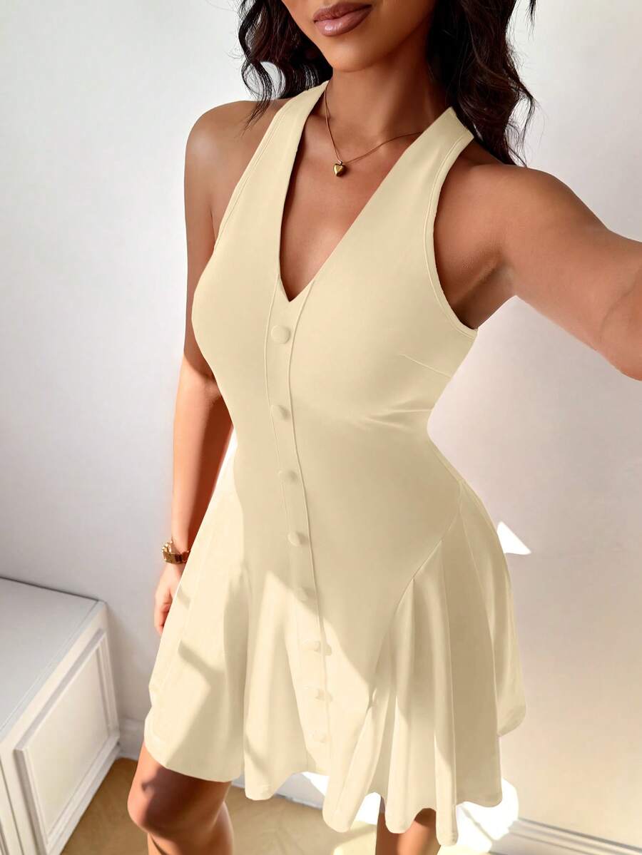 Ladies' Solid Color Waist Slimming A-Line Pleated Mini Dress, Made Of High Elasticity Fabric, Suitable For Spring, Summer, Autumn, Winter Seasons, Fashionable, Young And Versatile, Suitable For Daily Shopping, Festivals, Commuting To Work,Beach Vacation Outfits For Women,Casual Outfit For Women,Casual Dresses For Women,Summer Holiday Outfits Party Wedding - Light Apricot - View 1