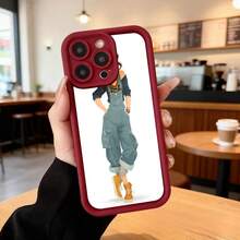 Cubierta de telefono con borde negro para iPhone con estampado de mujer con overol azul y zapatos naranja diseño casual ideal para uso diario en cafeterias y espacios urbanos,Aplicable a los teléfonos de la serie Apple y Galaxy - Burdeos - Ver 2