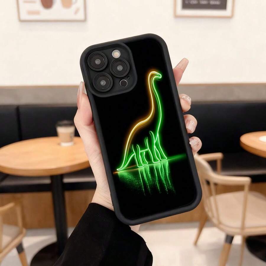 Funda para telefono negro con diseño de dinosaurio neón verde y amarillo iluminado ideal para uso diario en cafeterías y salas de estar,Aplicable a los teléfonos de la serie Apple y Galaxy - Negro - Ver 1