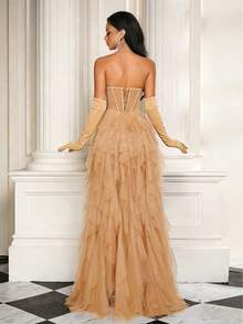 Women's Mesh French Fishtail Light Dress, Birthday Party Cake Princess Gown, Elegant Strapless Formal Gown, Charming & Sexy - Khaki - View 3