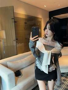 Women Off Shoulder Lace Trim Long Sleeve T-Shirt, Layering Blouse - Grey - View 5