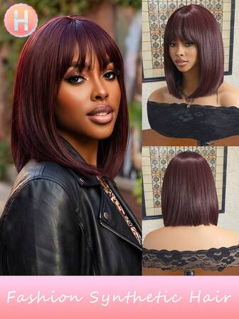 Kort Rakt Lager Med Lugg Syntetiskt Hår Axellångt Dagligt Användning Peruk Med Bob (Vinröd Färg) 12Tum Festival Rollspel Bus-or-Treat För Kvinnor Klä På Gård Bra Kvalitet Mjuka Syntetiska Peruker