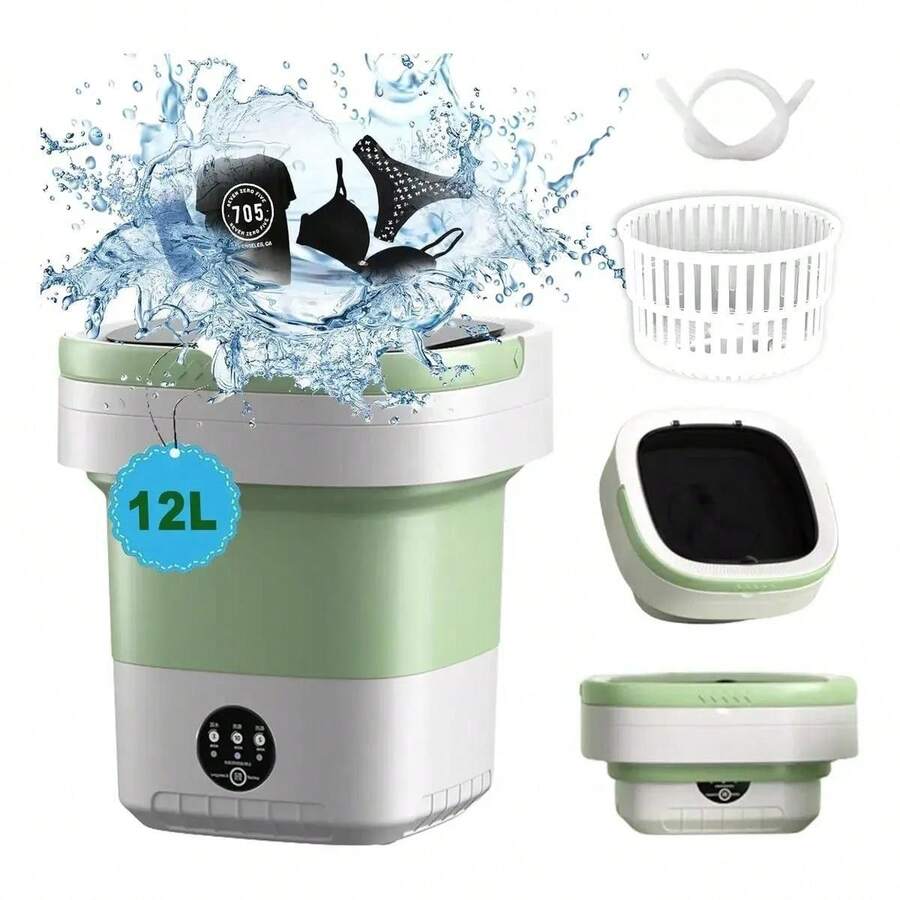 Lavadora Plegable 12L con Luz UV Antibacteriana, Colores Rosa/Verde/Morado para Ropa Delicada - Verde - Ver 1