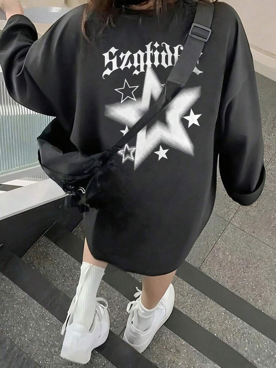 女士百搭休闲宽松印花双面圆领长袖T恤，印有字母和星星图案，适合学生、日常穿着和通勤。 - 深灰色 - 查看 1