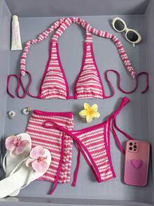 3pcs Women's Swimsuit Set, Fuchsia & White Houndstooth Halter Bikini Top, Side Tie Ruched Swim Skirt, Holiday Swimwear - Multicolor - View 1