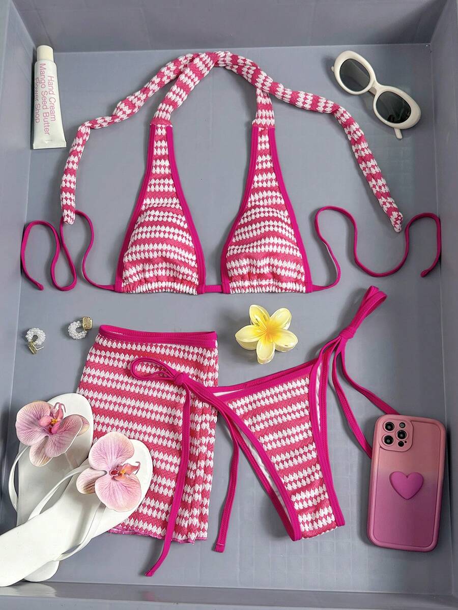 3pcs Women's Swimsuit Set, Fuchsia & White Houndstooth Halter Bikini Top, Side Tie Ruched Swim Skirt, Holiday Swimwear - Multicolor - View 1