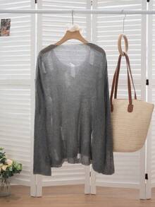 性感简约斜肩镂空设计套头毛衣，适合外出、约会、居家和通勤，秋冬季穿着。 - 灰色 - 查看 8