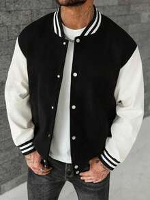 (Choose Sized Up)Unisex Casual Baseball Jacket Print With The Boondocks Anime-Inspired Design Graphic, Playful Design, Suitable For All Seasons, Street Style, Outdoor And Fashionable Men'S Wear, Color Block, Long Sleeve With Button-Up Front, Cozy Clothing, Machine Washable,For Fall Winter |School Outfit, Streetwear Fashion, Durable Material - 黑色-1 - 查看 5