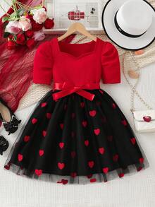 8-12岁女童连衣裙，泡泡袖V领撞色爱心刺绣网纱裙，配腰带，适合家庭活动、派对、生日、情人节、日常穿着 - 紅色 - 查看 3