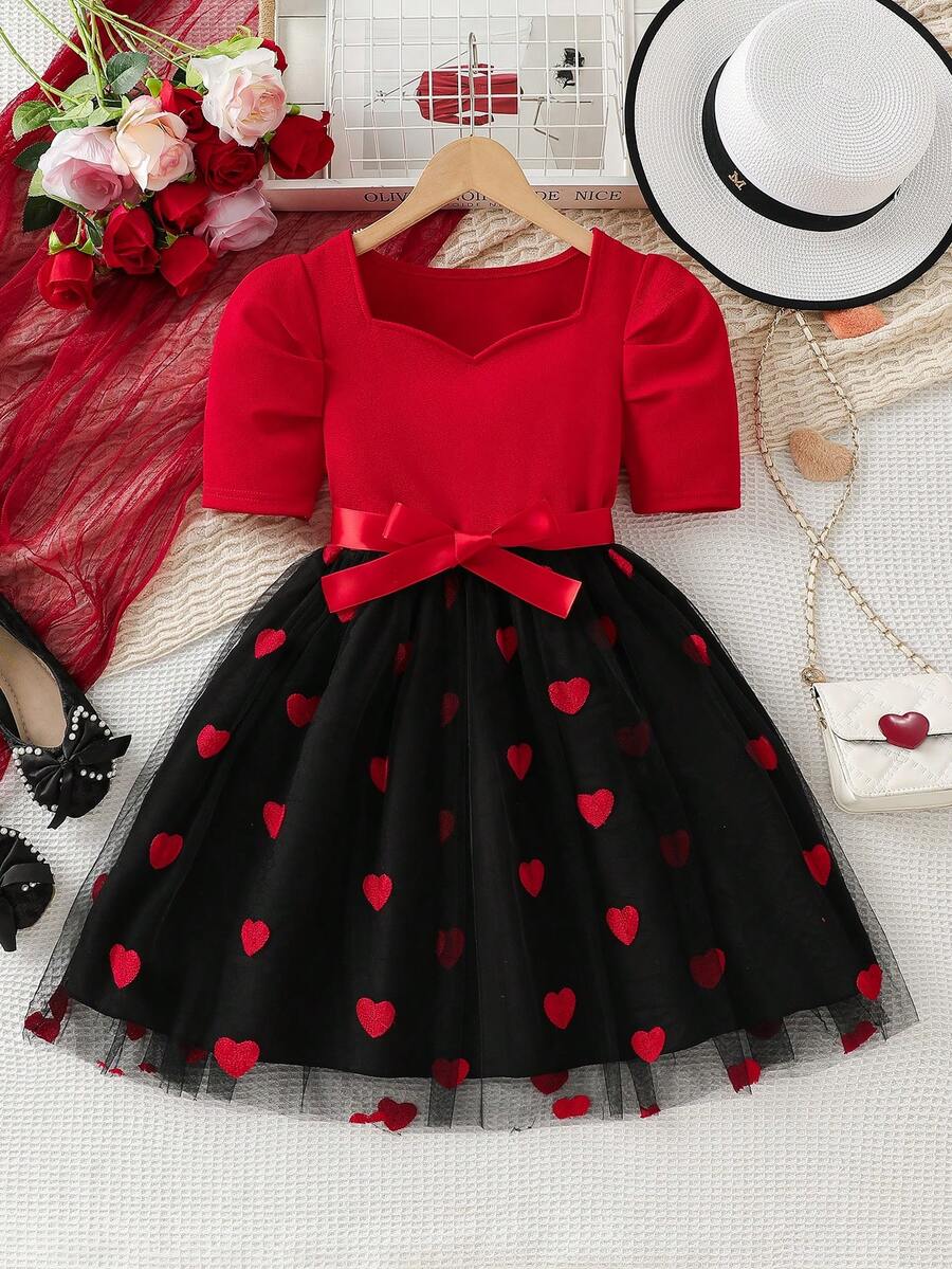 Váy cho bé gái 8-12 tuổi, váy lưới thêu hình trái tim, cổ chữ V tay bồng, nhiều màu, kèm thắt lưng, thích hợp cho các hoạt động gia đình, tiệc tùng, sinh nhật, ngày lễ tình nhân, mặc hàng ngày - Đỏ - Xem 1
