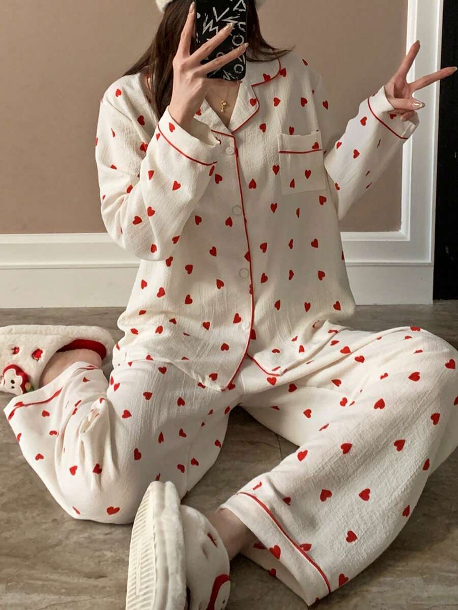 2 piezas Pijama de manga larga con estampado de corazón "Pure Slumber", ropa de estar por casa con cuello texturizado para primavera/verano - Rosa - Ver 1