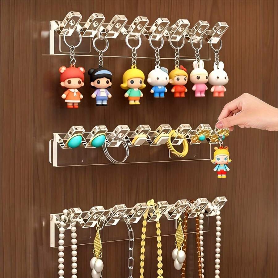 3/6件装亚克力首饰收纳壁挂挂钩 - 高强度抛光塑料壁挂挂钩，适用于项链、耳环、戒指、手镯 - 节省空间，适用于浴室和卧室收纳，简约装饰，理想之选 - 透明 - 查看 1