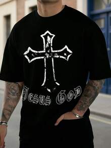 男式落肩短袖十字印花街头风 T 恤 - 黑色 - 查看 4