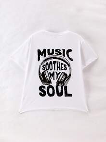 Boys' Casual Stylish Music Artist Headphone Print Round Neck Short Sleeve T-Shirt, Summer New Kids Tops - White - View 3
