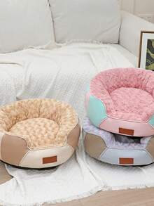 1pc Leather & Plush Round Pet Bed, Warm & Comfortable Padded Pet Nest For Cats & Dogs, Suitable For Small/Medium/Large Pets, Winter Use - Pink - View 8