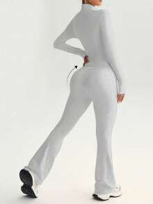 PinkTip Bộ đồ thể thao nữ Pink Tip màu trơn không đường may, áo khoác và quần legging co giãn, quần mềm mại ôm sát nâng mông, trang phục thể thao thường ngày cho tập thể dục, chạy bộ, yoga, pilates mùa xuân. - Màu Xám nhạt - Xem 3