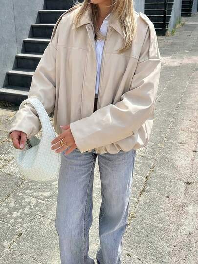 MUMRAP Casual damesjas met revers, vintage lange mouwen, ritssluiting, losvallende bovenkleding voor de lente