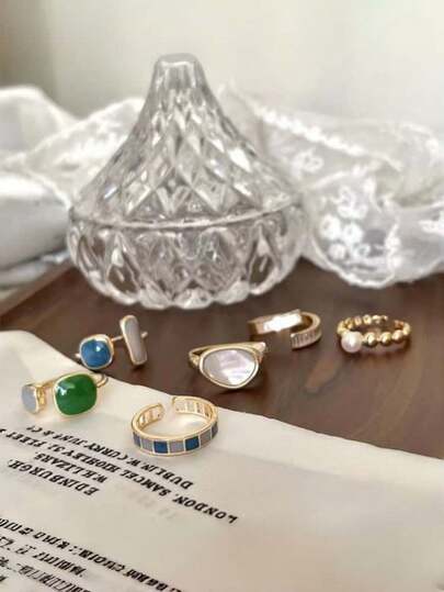 1 Set Vintage Bohemian Style Ring Set - 6pcs Adjustable Open Geometric Colorful Rings With Cubic Zirconia, Zinc Alloy Fashion Rings For Women - Luxury Ladies Charm Jewelry, Suitable For Daily, Party, Holiday And St. Patrick's Day Wear, One Size Fits All Seasons