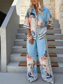 بلوزة فضفاضة مطبوعة بأسلوب كاجوال، طقم أكمام قصيرة، أسلوب بوهيمي كاجوال مع جيب للارتداء اليومي والعطلات الشاطئية - الأزرق - مشاهدة 5