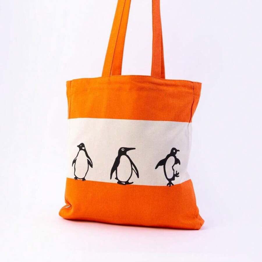 Classic Orange Cotton Tote Bag - Vintage Logo Print Large Capacity Handbag For Daily Use - Default - View 1