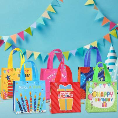 6/12/18个 20*20*9CM 无纺布礼品袋，适用于生日派对，简约帽子和礼物印花图案，6种颜色可选，适合家庭聚会、生日派对、成人派对等。