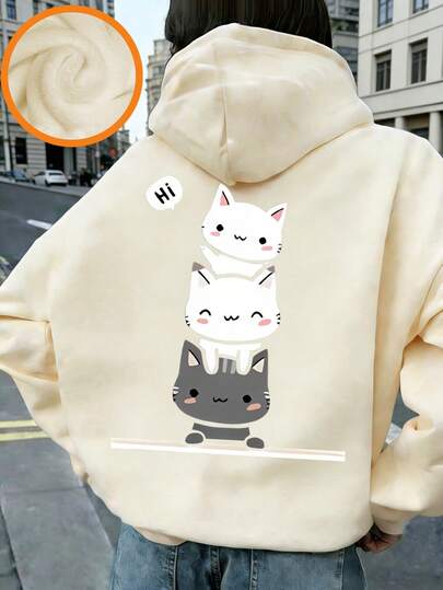 少女可爱猫咪印花保暖套头卫衣，秋冬季保暖舒适，适合休闲、街头和校园穿着。