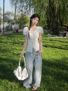 Sweet Round Neck Bow Tie Waist Ruffle Short Sleeve Blouse For Women White Summer - White - View 7