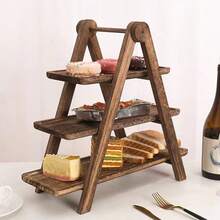 3-Tier Wooden Serving Tray, Three Tiered Cupcake Stand, Rectangle Platter Wooden Farmhouse Tray, Party Dishes For Entertaining, Rustic Vintage Trays And Platters, Dark Brown Appetizer Plates, Kitchen Organizer, Buffet Display Stand For Home, Hotel, Restaurant, Cupcake Stand | Food Board | Dessert Cake Platters - 彩色 - 查看 6
