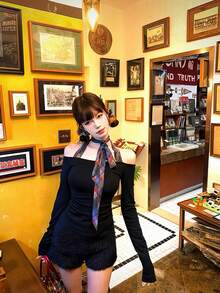 Bowknot Off Shoulder Sweet Fitted T-Shirt For Women, New Style - Black - View 4