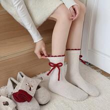 1 Pair Of Autumn And Winter Red Women's Socks With Bow Ties, Cute Cartoon New Year Socks, Warm And Fashionable Women's Socks - 樣式3 - 查看 5