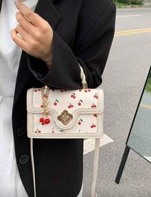 Fashionable High-End Pu Tote Bag With Versatile Square Shape And Cute Cherry Print, Perfect For Shopping, Dating Or Cross-Body For Girls., Kawaii Cherry Elements - 白色 - 查看 4