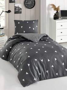 Made In Turkey-2-Piece Set With Geometric Pattern, And Eye-Catching. 65% Cotton 35% Polyester, Suitable For All Seasons, Duvet Cover Has Buttons. 1 Duvet Cover (140x200cm) And 1 Pillowcase (50x70cm). Highly Breathable, Soft And Lightweight. Pillowcase Pattern Is Randomly Generated.-Üçgen Gri - Dark Grey - View 1
