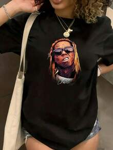 Round Neck Fun Print ﻿    Portrait Graphic T-Shirt Unisex Black Oversized Streetwear Fashion Top Music Artist Design Unisex Suitable For Holiday Gifts - trắng - Xem 1